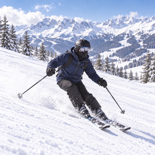 Kenji Sato in ski goggles and a face covering carving down a snowy mountain slope