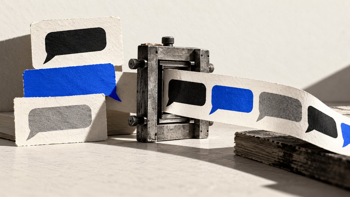 Blank conversation cards pass through a formatting frame into one sequence