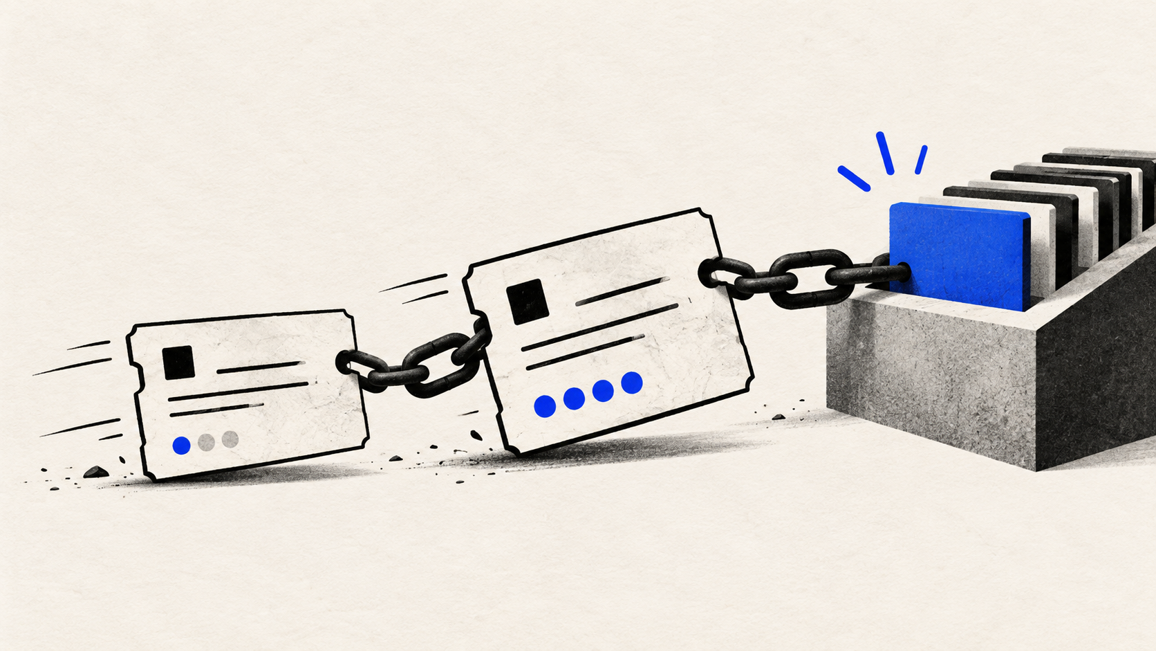 Two linked transaction cards move together toward a Bitcoin block, illustrating child-pays-for-parent fee bumping.