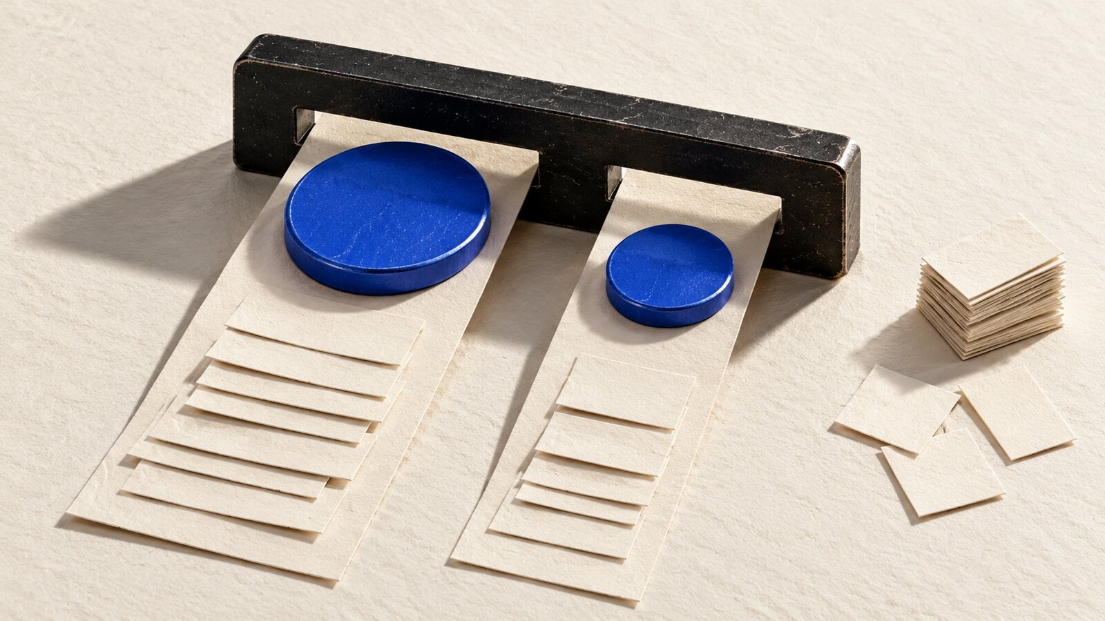 Two cobalt coins on paper transaction slips passing through the same black measuring gate, illustrating Bitcoin fees by data size rather than amount.