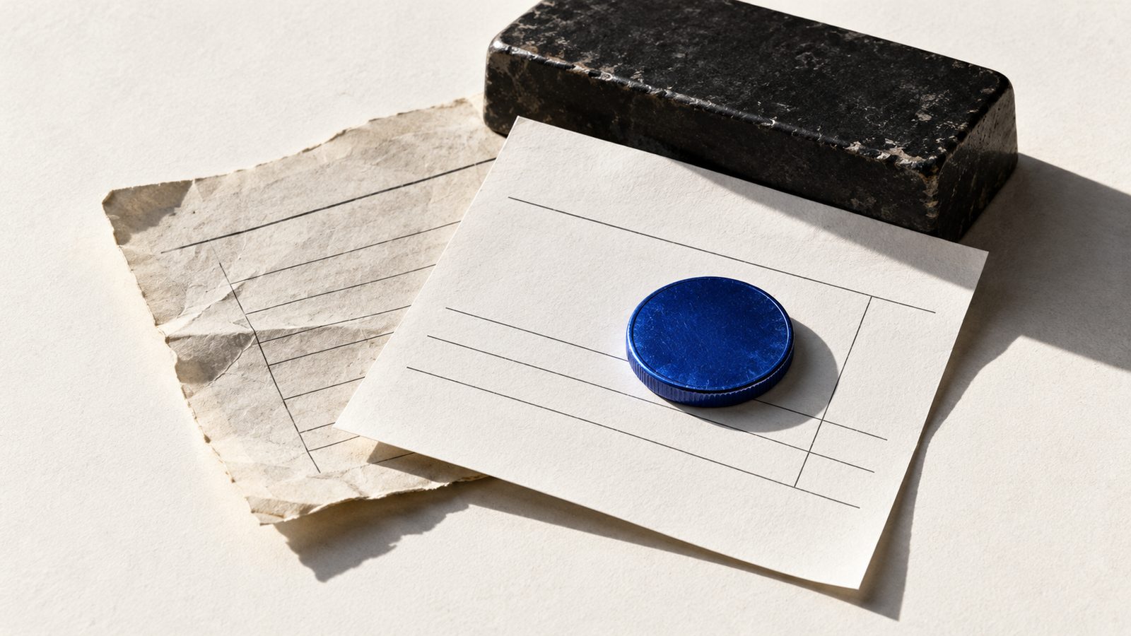 Overlapping paper payment slips and a cobalt coin, illustrating replacement of a pending transaction.