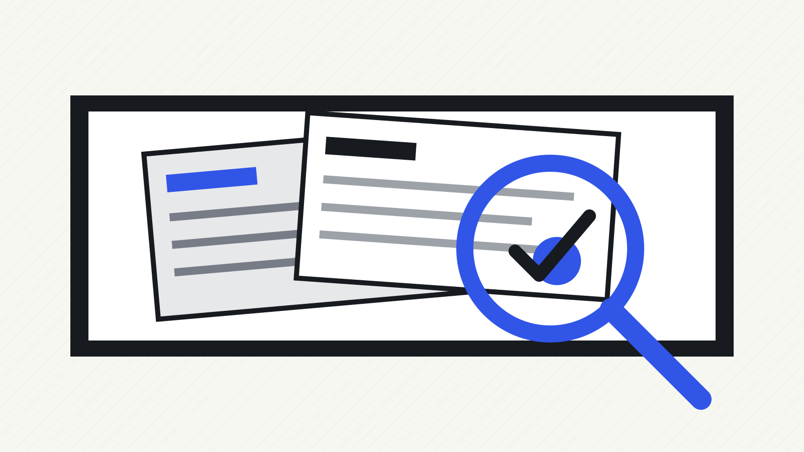 A magnifying glass inspecting a layered public certificate log, with a cobalt verification mark