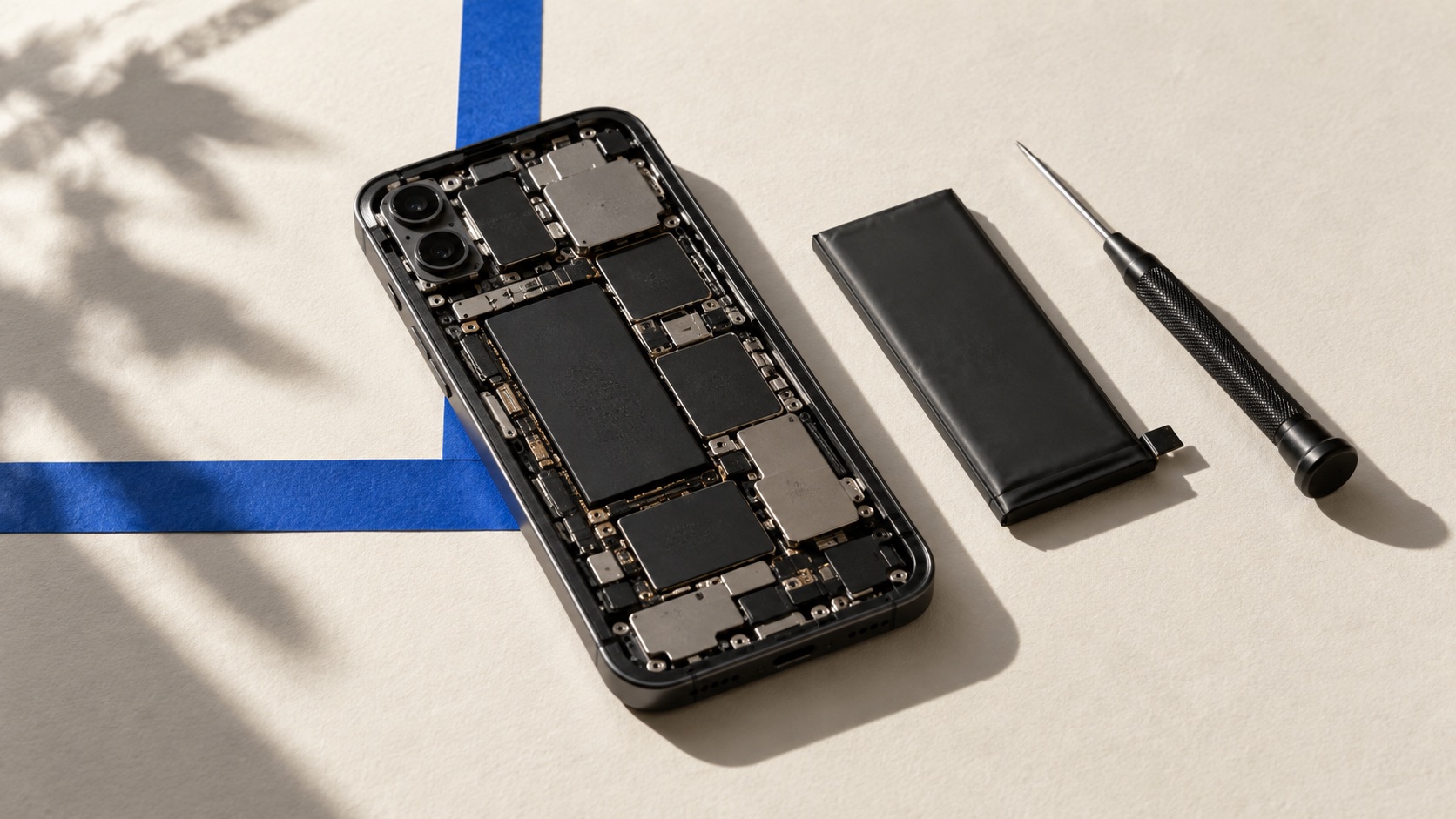 Opened smartphone, removable battery and precision screwdriver on a pale desk