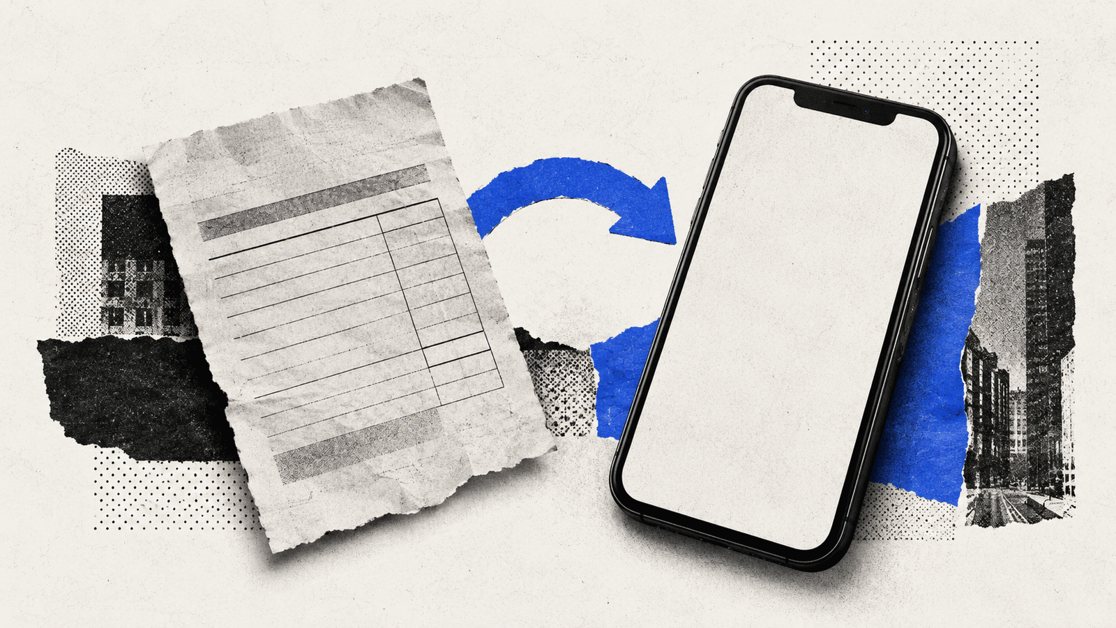 A phone beside a paper payment request with a cobalt approval arrow in an editorial collage.