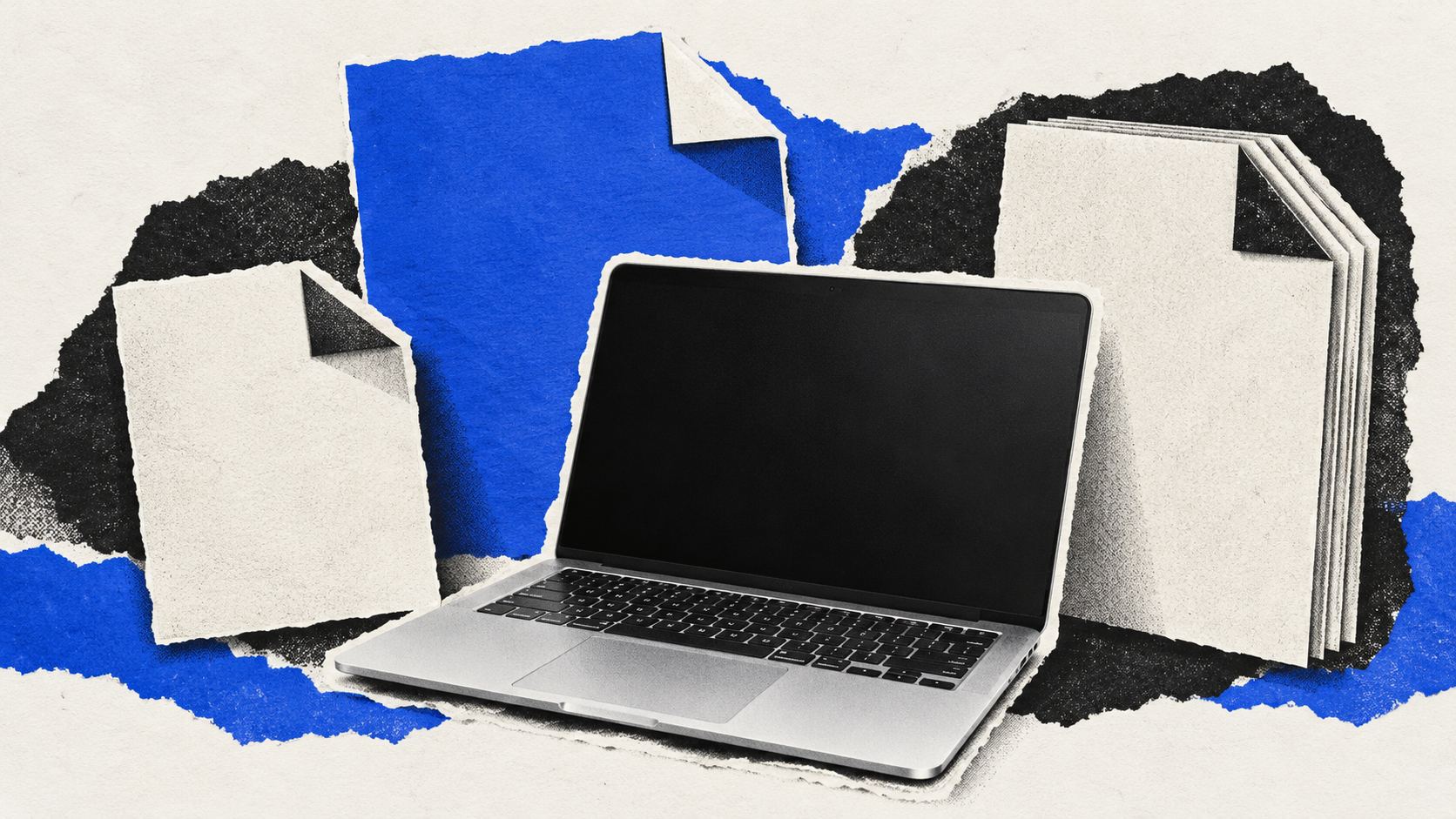 Silver laptop beside layered model-file sheets in an editorial collage