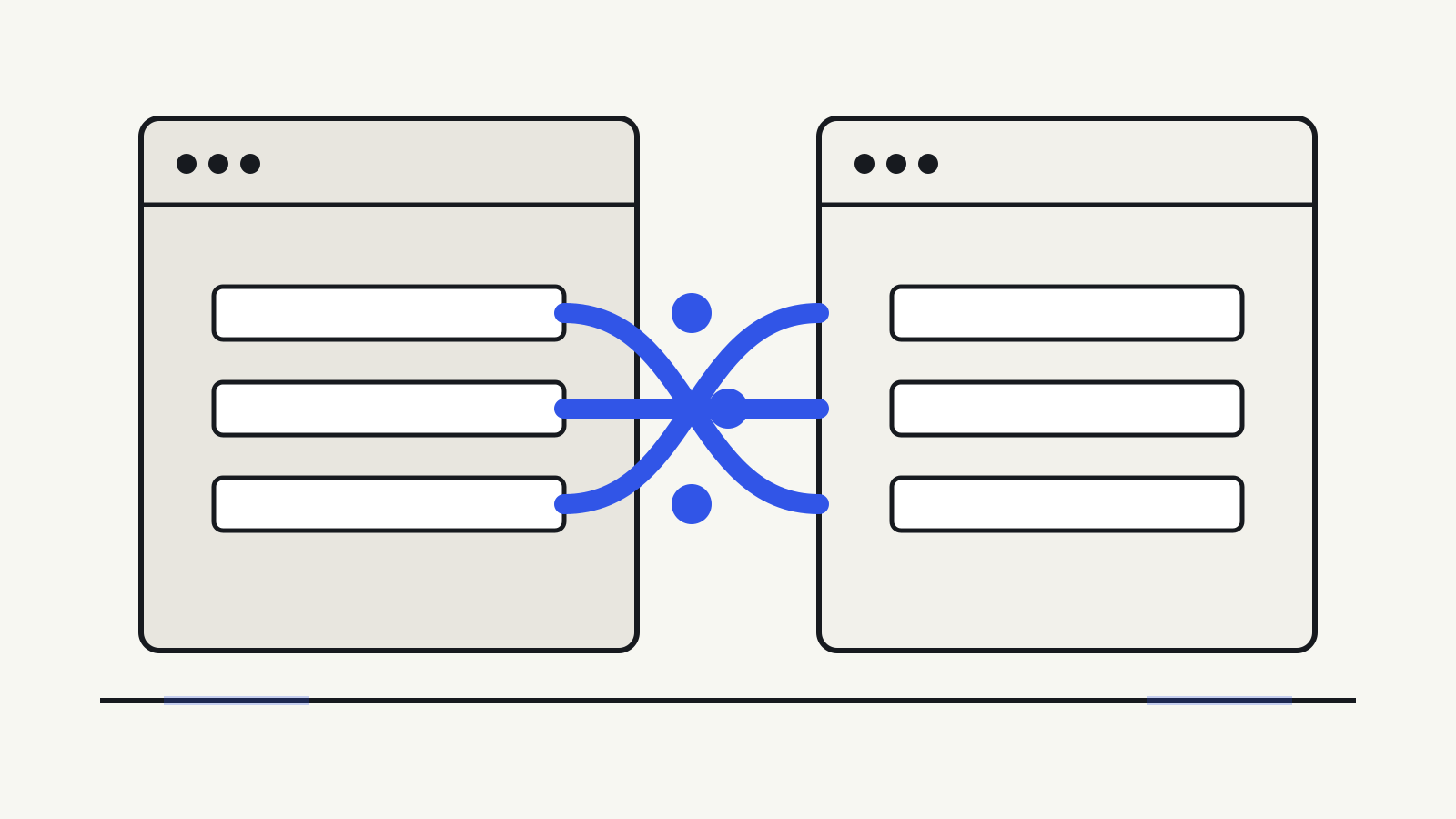 Two browser windows with independent cobalt data streams crossing between them