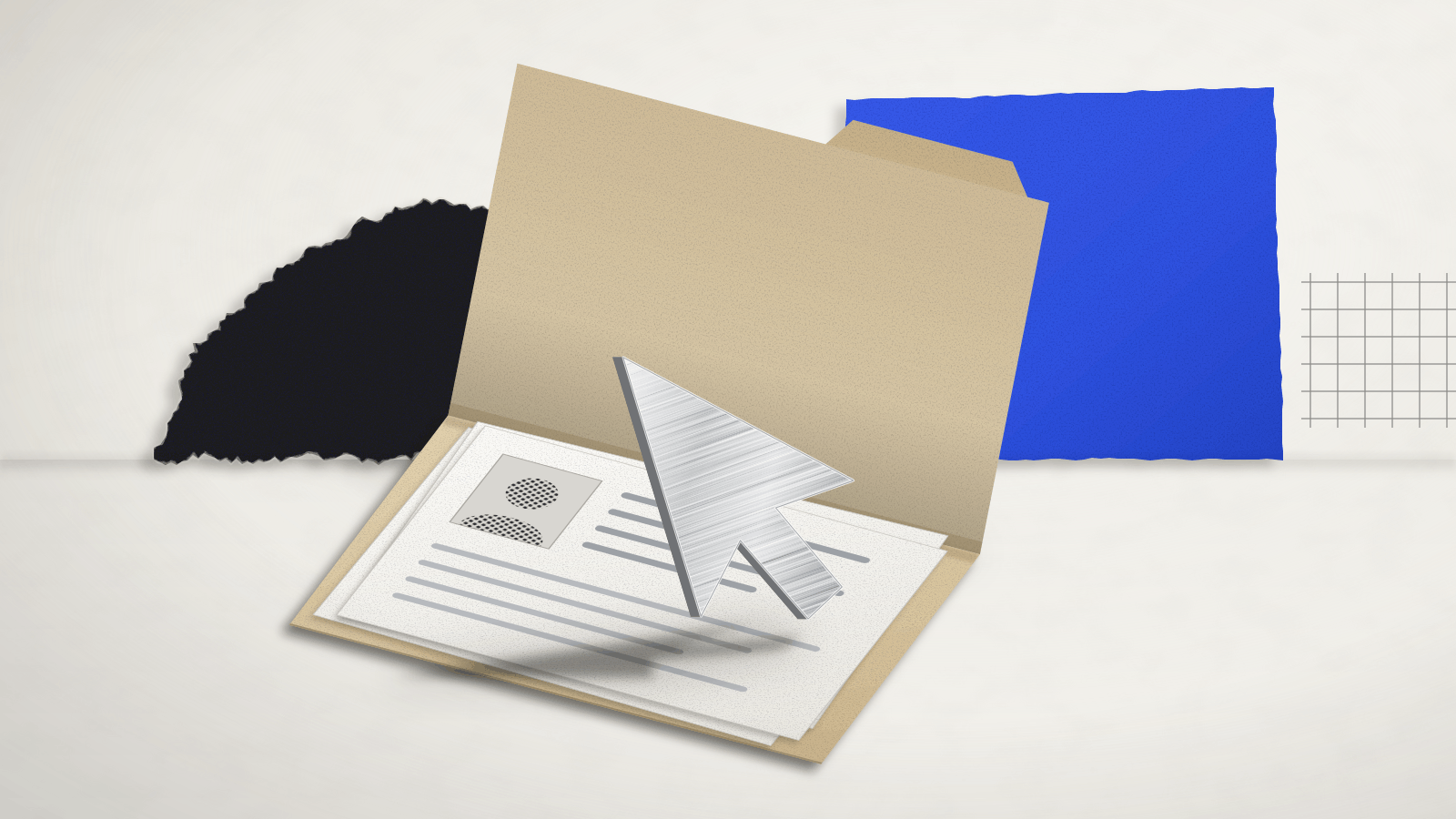 A brushed-steel mouse pointer hovering over an open kraft folder of personal records with a halftone ID photo, in front of a cobalt paper sheet and torn black paper.