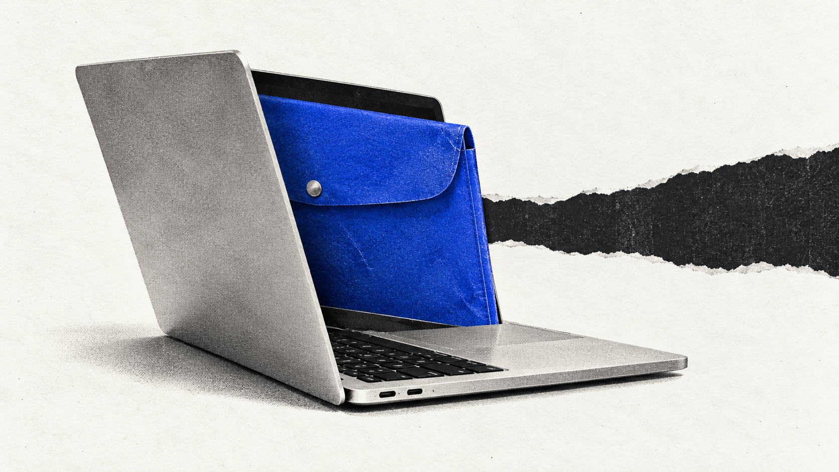Silver laptop holding a cobalt document sleeve, with a torn black paper strip extending outward.