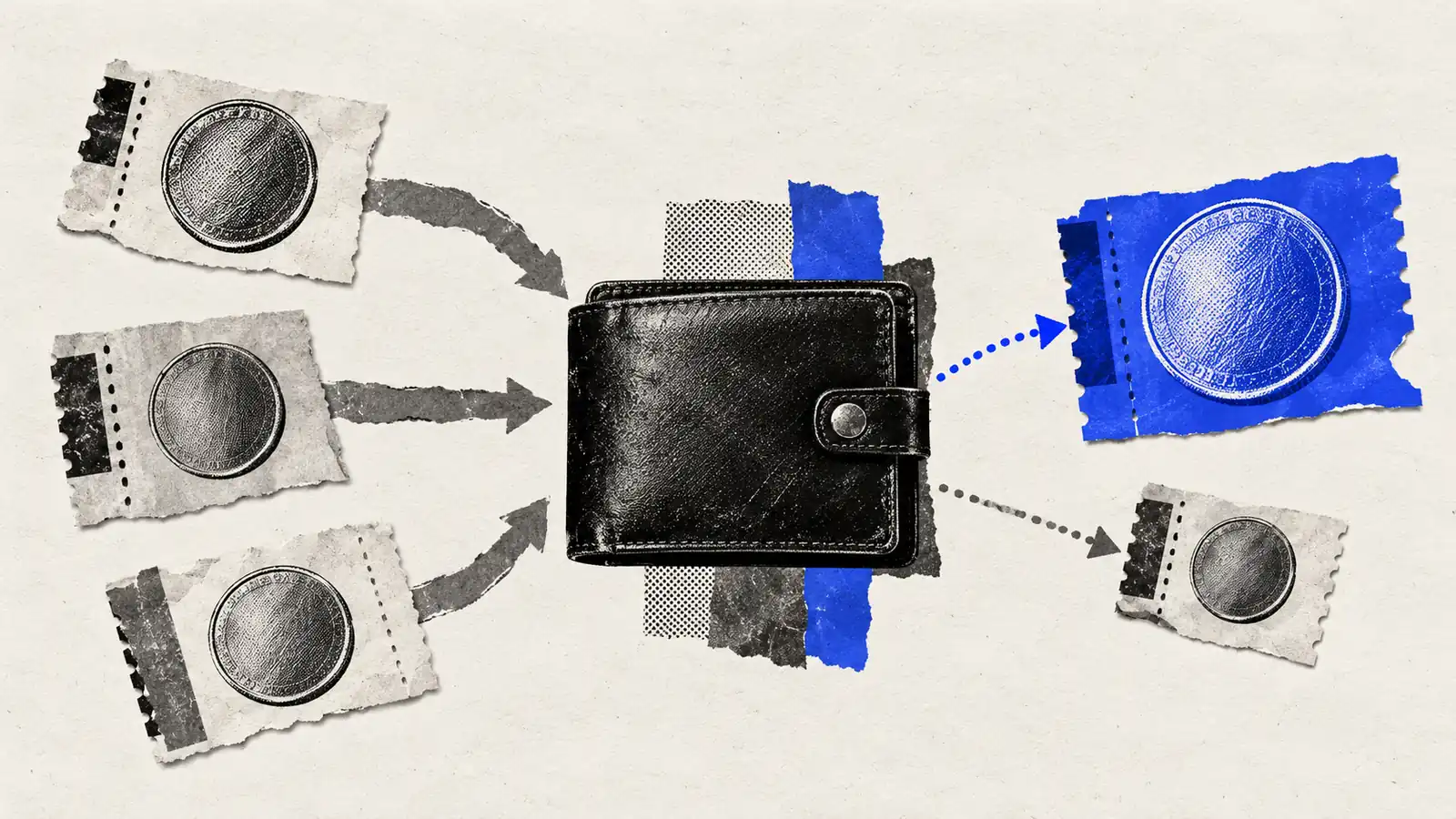 Editorial collage showing three Bitcoin transaction outputs flowing into a wallet, then a payment output and a smaller change output.
