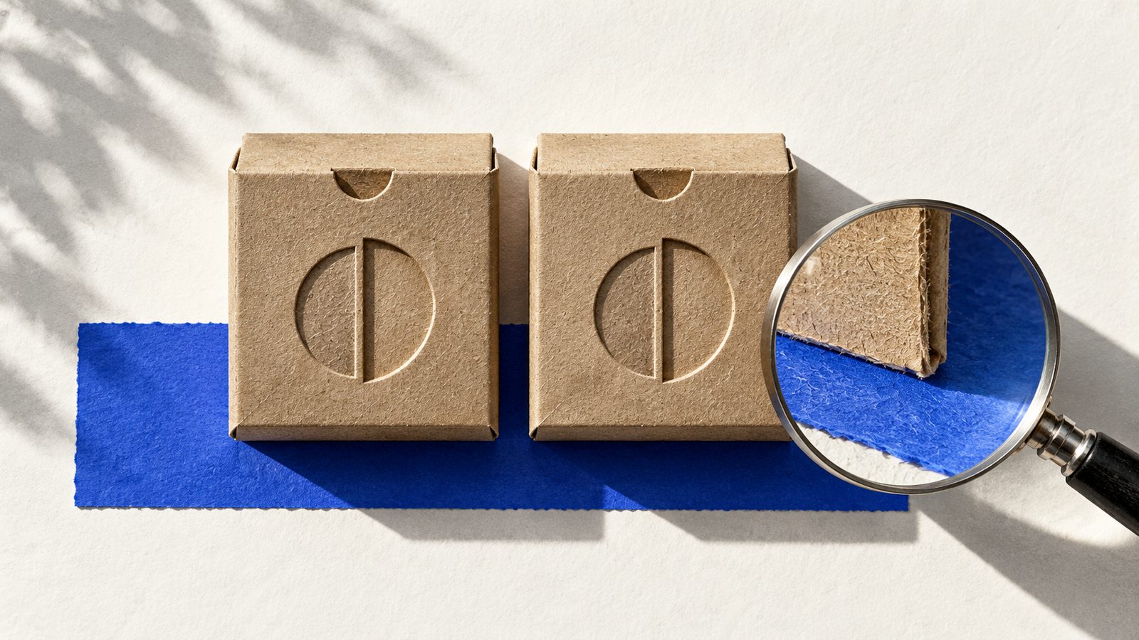 Two matching cardboard packages and a magnifying glass, illustrating reproducible software artifacts.