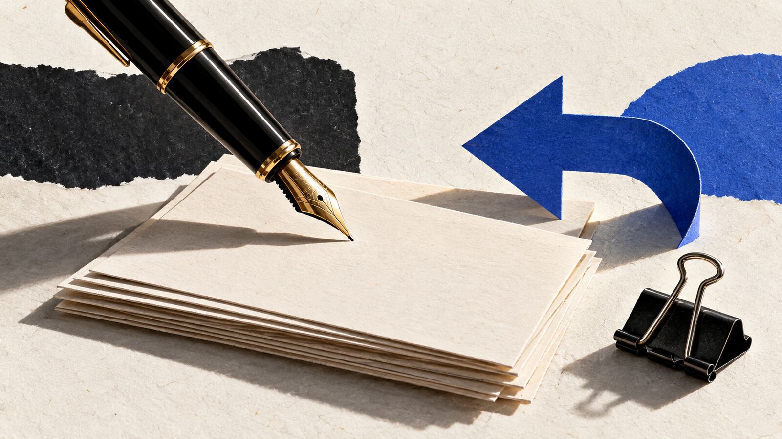 A paper direct debit mandate, a pen and a blue return arrow.