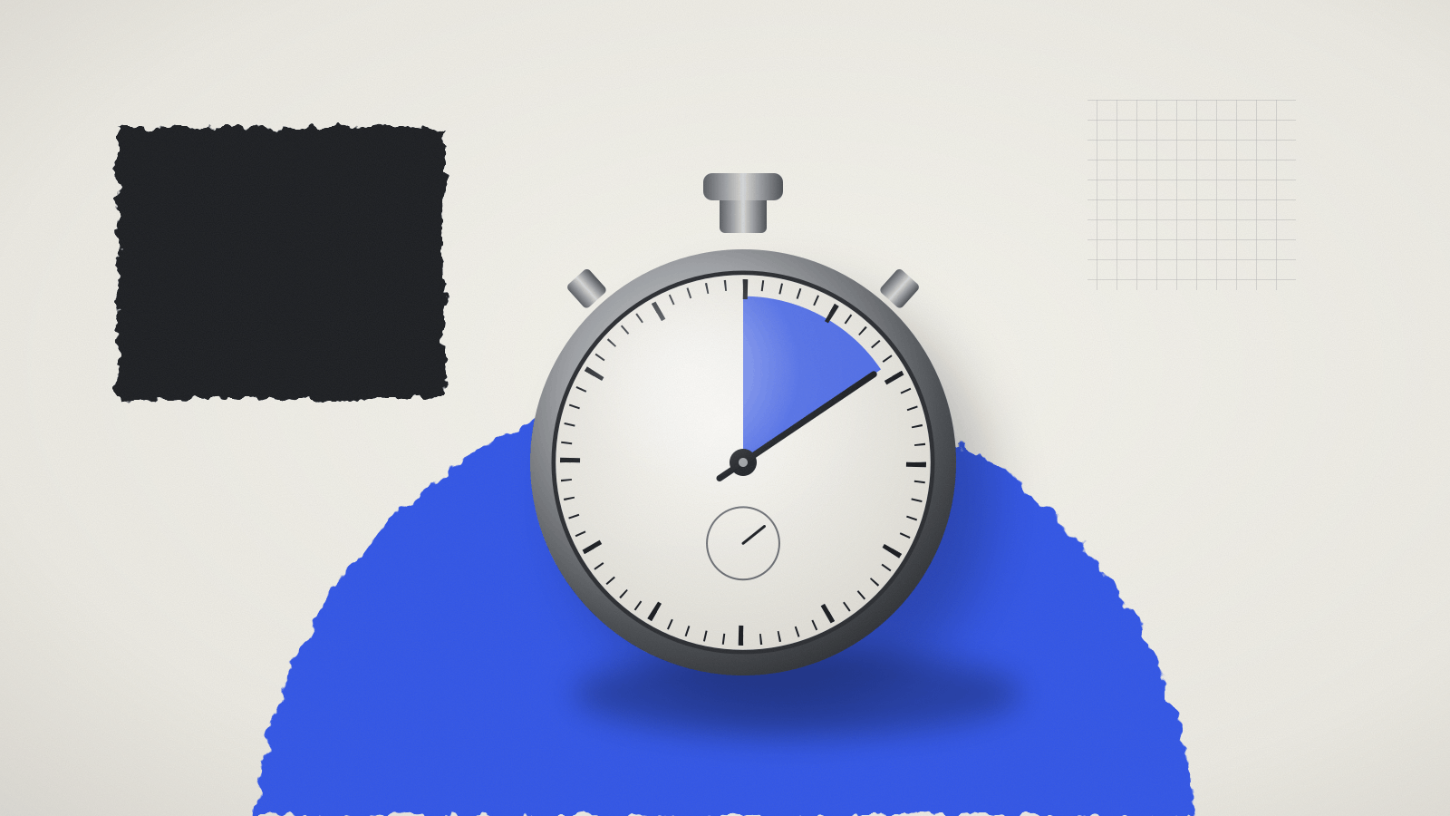 Stopwatch with a short cobalt segment marked on its dial, in front of a torn cobalt paper arc