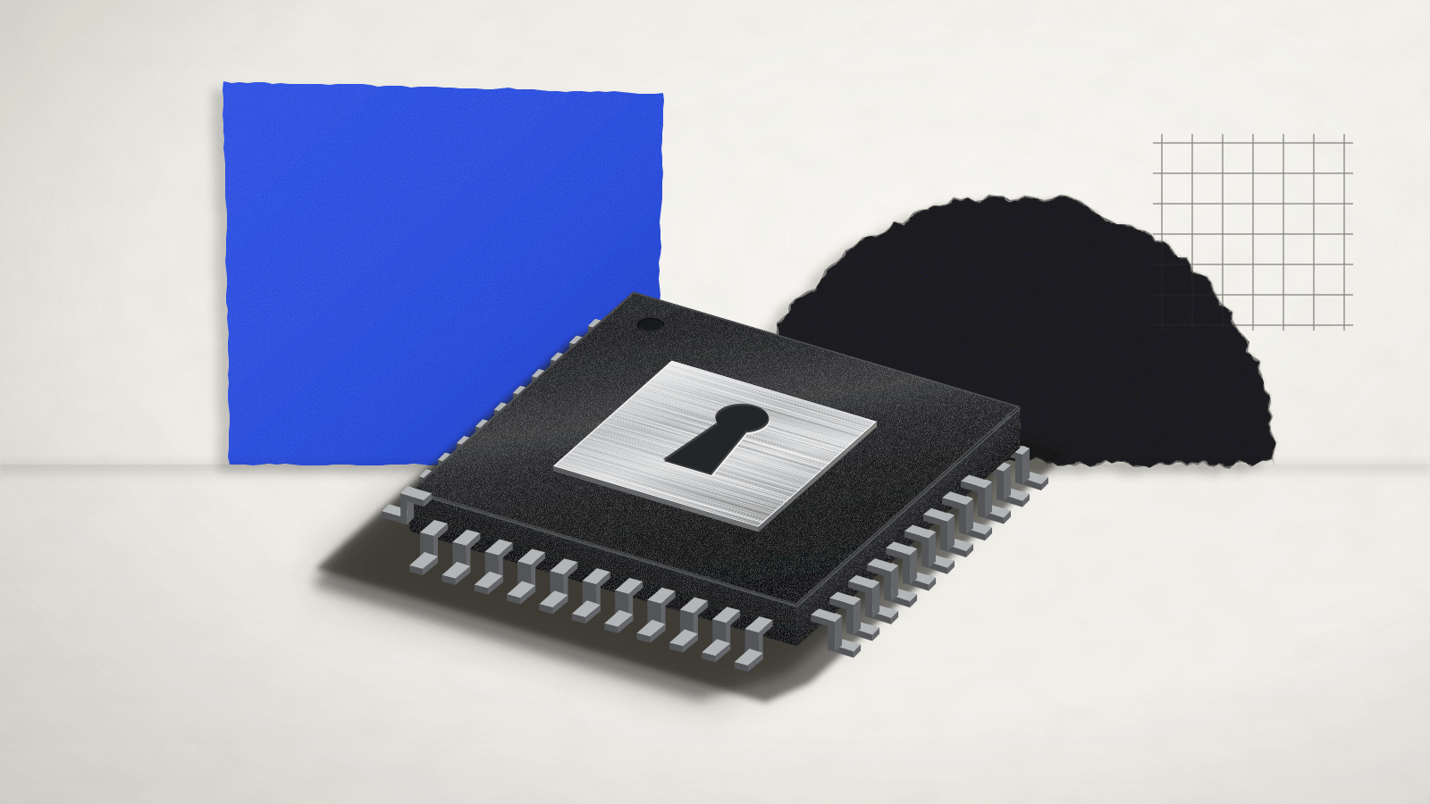 A black security chip with silver pins and a brushed-steel plate engraved with a keyhole, set in front of a cobalt paper sheet and a torn black paper half-circle.